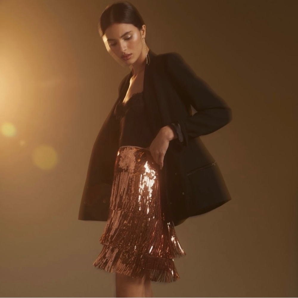 Maeve for Anthropologie, Rose-Gold sequin fringe mini skirt, great for holidays